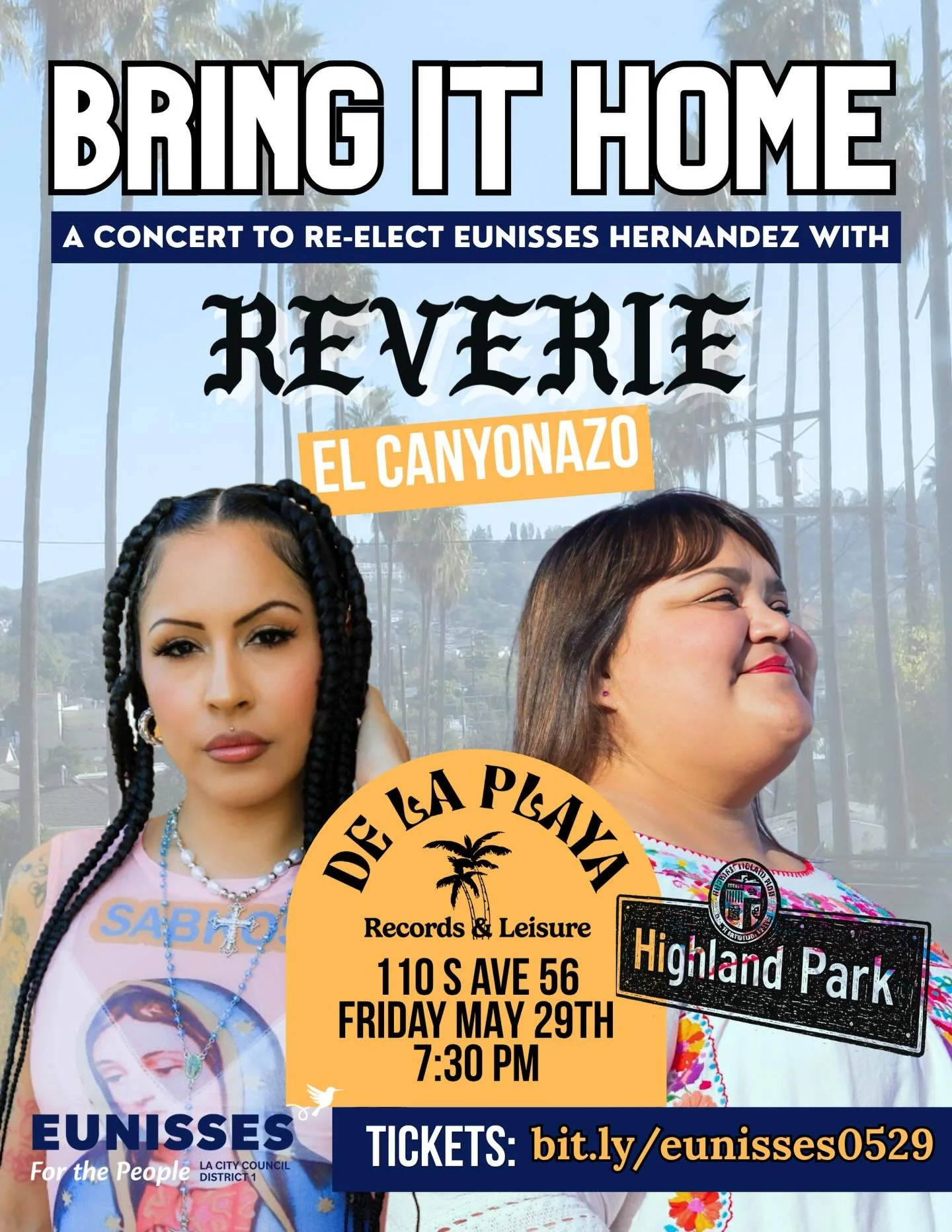 FINAL WEEKEND. FINAL PUSH. FINAL PARTY. 💯

Join us in my lifelong neighborhood of Highland Park on Friday May 29th at @delaplayamusic for our FINAL fundraising concert featuring my fellow Franklin Panther and HLP&rsquo;s very own @reverielove, with 