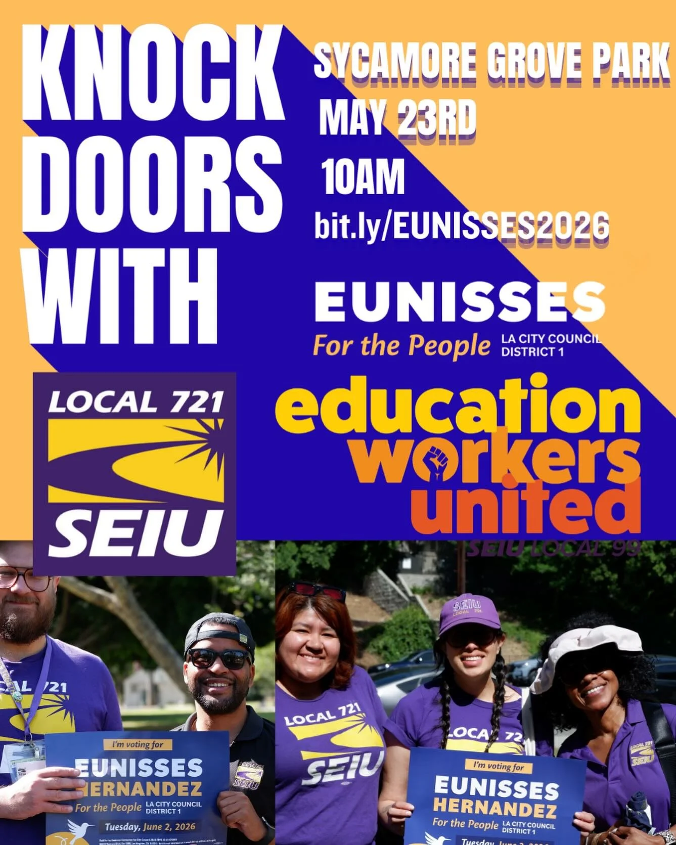 Another big weekend of canvassing coming at you starting this SATURDAY May 23rd at 10am. Join @seiulocal99 and @seiu721 at Sycamore Grove Park as we hit the doors and get the word out about the election! It&rsquo;s GO TIME! 💥

RSVP: bit.ly/EUNISSES2