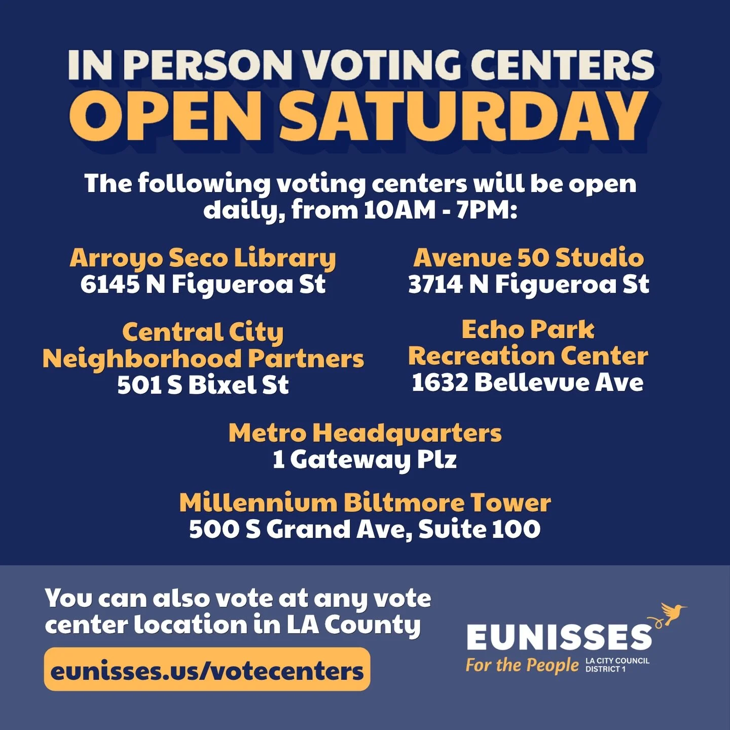 We&rsquo;re counting down the days until Election Day 🗳️✨

In-person early voting begins TOMORROW, and voting centers across CD1 will be open daily from 10AM&ndash;7PM. Skip the lines, make a plan, and get your vote in early!

Remember: you can vote