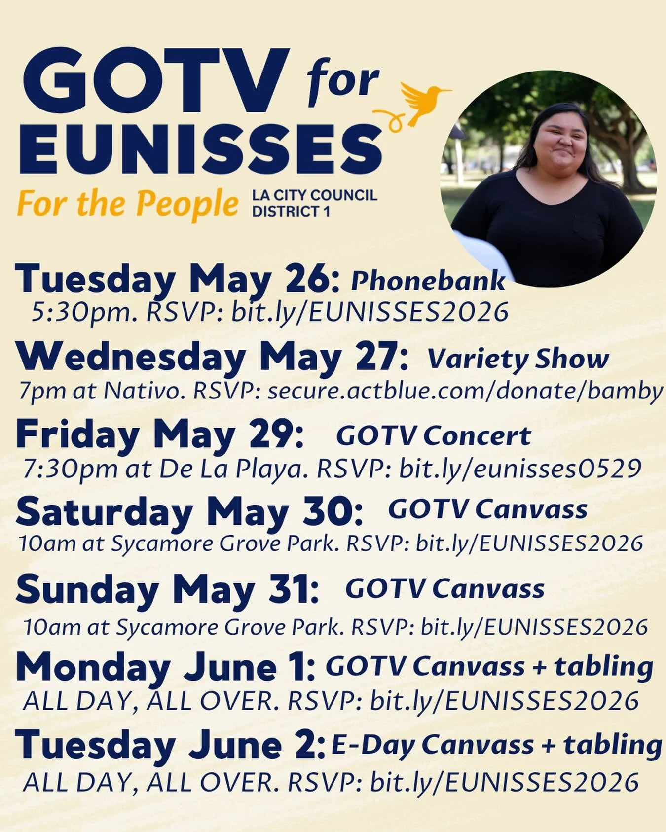 We are officially ONE WEEK AWAY from Election Day and we need you to help us cross the finish line! There are lots of ways to tap in between now and June 2:

TUESDAY (today) MAY 26: phonebank at 5:30pm! Bit.ly/EUNISSES2026

WEDNESDAY MAY 27: join me 