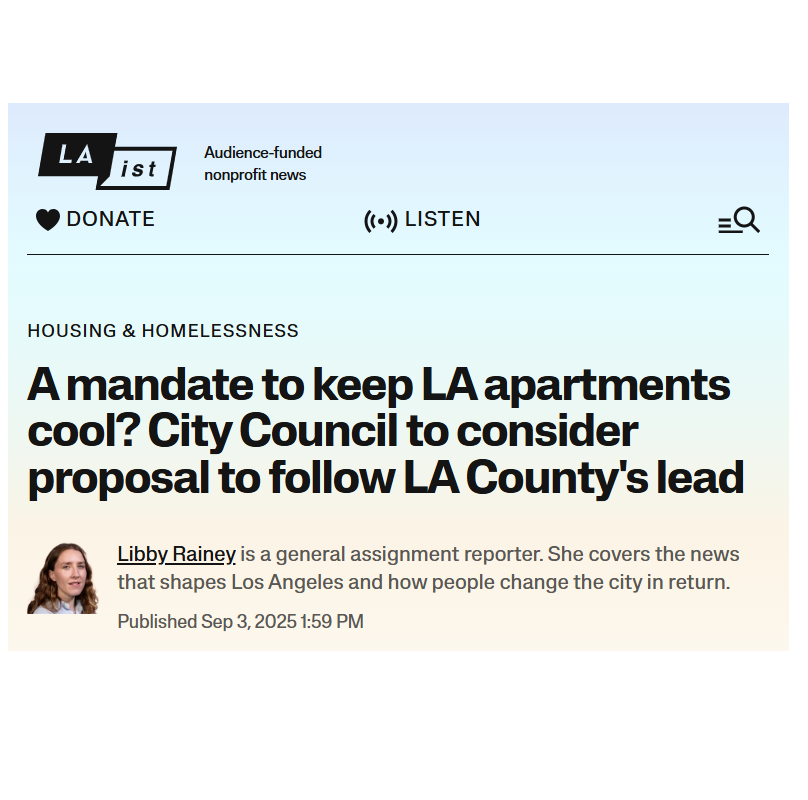 Screenshot of LAist news article with headline about LA apartments and city council. Includes a photo of reporter Libby Rainey and publication date September 3, 2025.