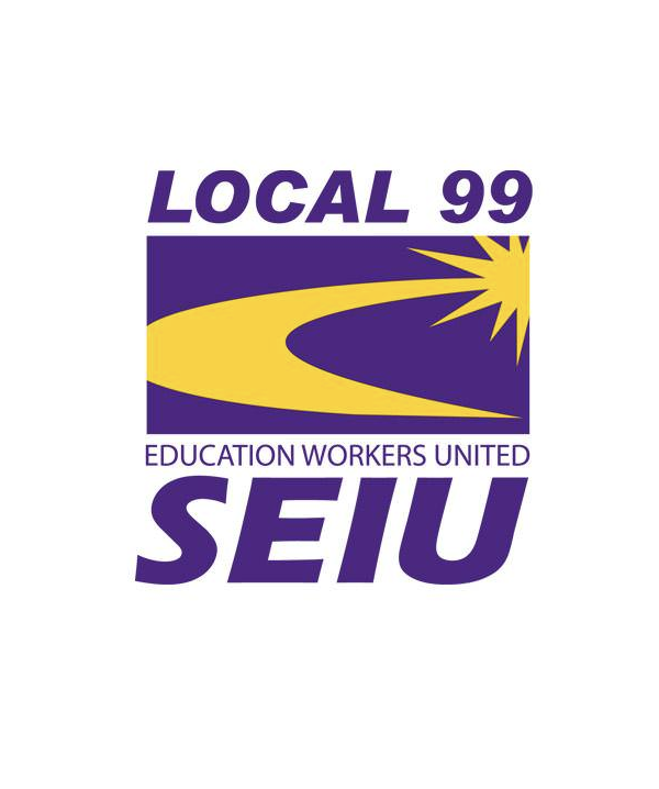 SEIU Local 99 union logo with white background, yellow arrow and starburst design, and purple text
