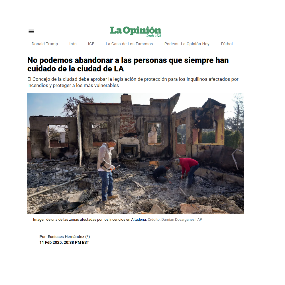 People examining the charred remains of a burned-down house after a fire in Altadena.