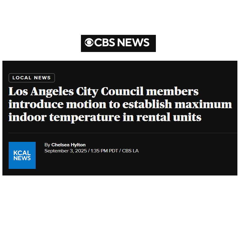 Screenshot of CBS News article headline about Los Angeles City Council members proposing a motion to set maximum indoor temperature in rental units, published on September 3, 2025.