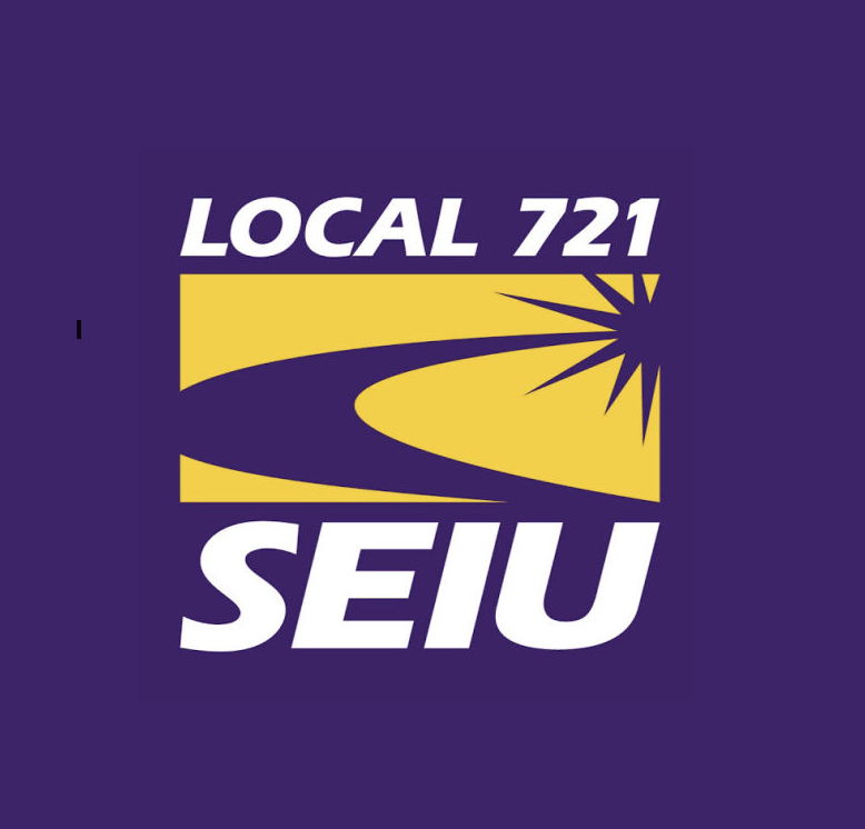 SEIU Local 721 union logo with purple background, yellow arrow and starburst design, and white text
