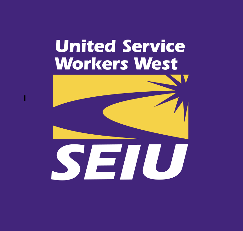SEIU-USWW union logo with yellow background, purple arrow and starburst design, and white text
