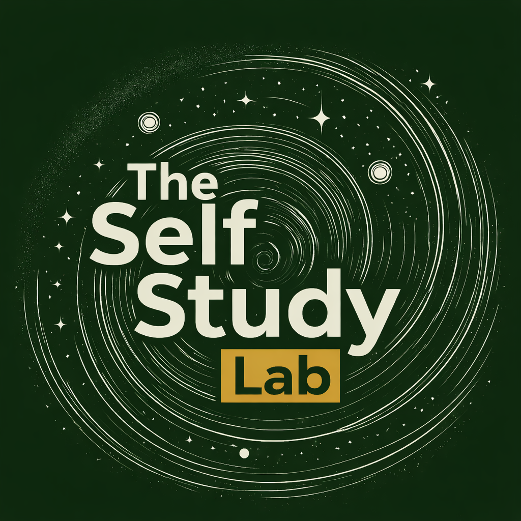Green background with white swirling lines creating a galaxy-like pattern, featuring stars and celestial objects, with text that says 'The Self Study Lab'.
