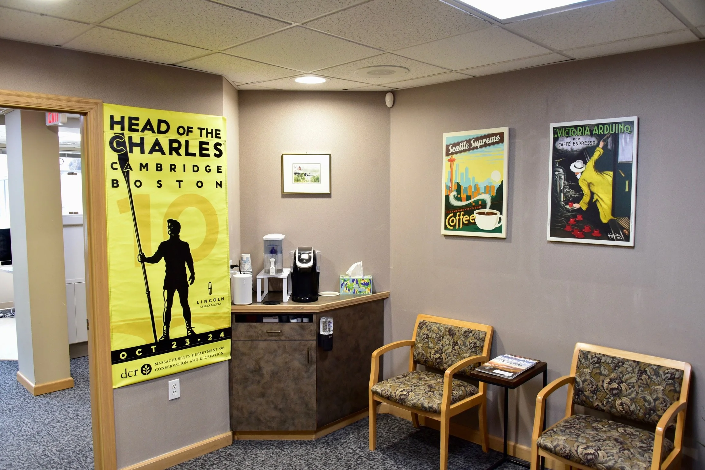 Waiting Room with Coffee, Tea, Hot Chocolate, and Water