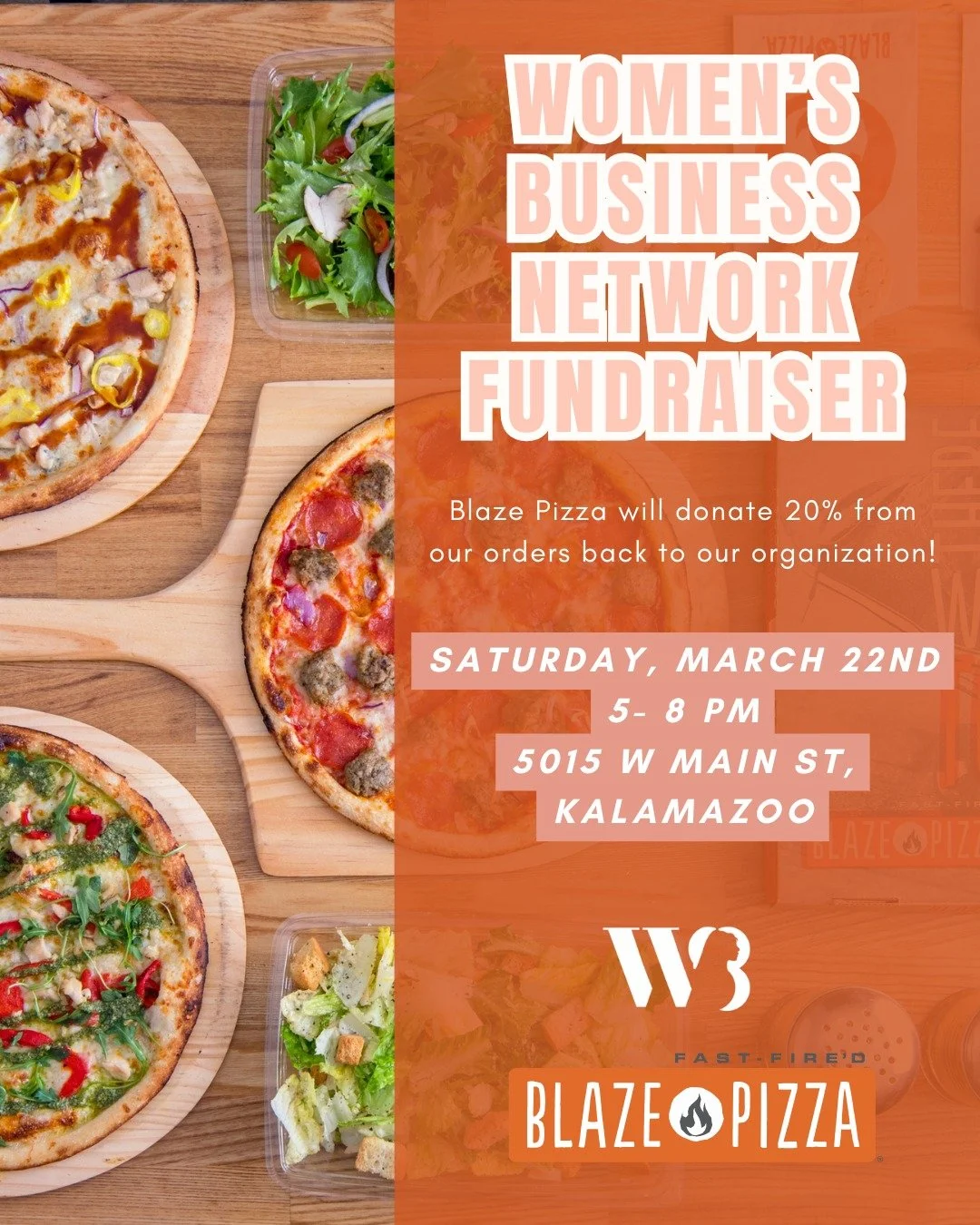 🔥 Pizza for a cause! 🔥

Join us at Blaze Pizza on March 22nd from 5-8 PM and help support Women&rsquo;s Business Network! 🍕✨ Show our flyer when you check out, and 20% of your order will go back to our organization!

Grab your friends, enjoy some 