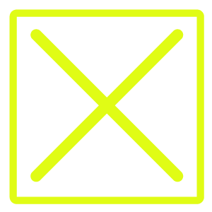 A neon green and black warning sign with an 'X' symbol inside a square.