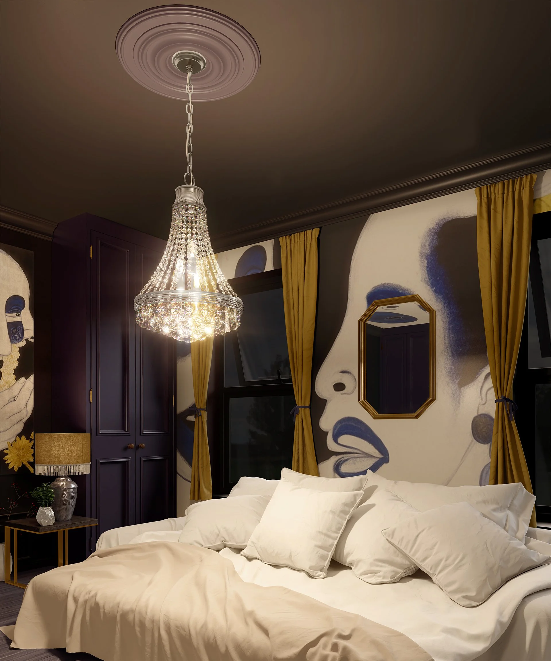 A bedroom with white bedding and pillows on a bed. A large mural of a woman's face painted on the wall behind the bed, with long dark hair and closed eyes. A dark purple cabinet is on the left side, and a small wicker lamp on a side table. Hanging fr