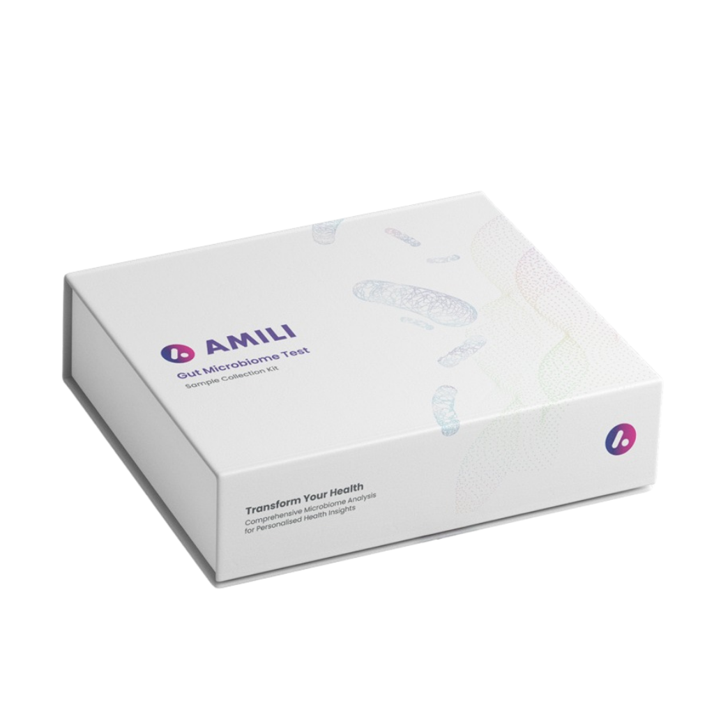 A white box labeled 'Amili Gut Microbiome Test Sample Collection Kit' with colorful abstract illustrations of bacteria and DNA, and the tagline 'Transform Your Health'.