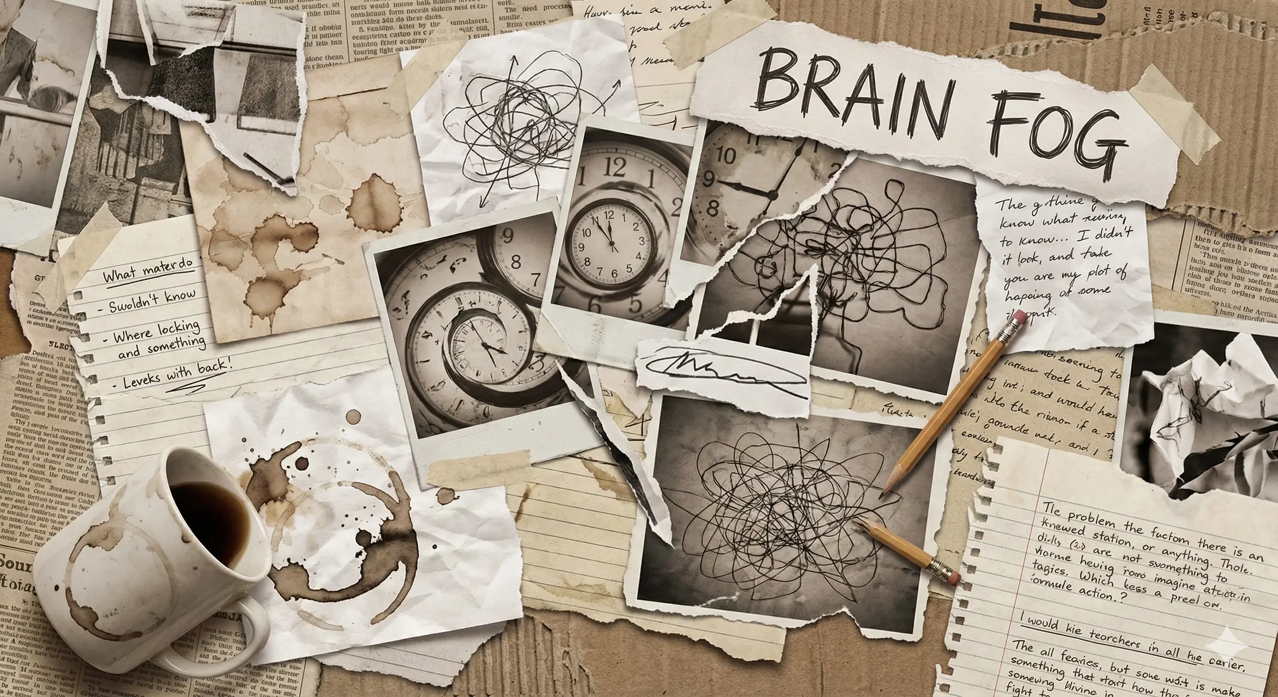 A desk covered in torn papers and coffee stains. Overlapping imagery, jagged edges, capturing brain fog and creative blocks.