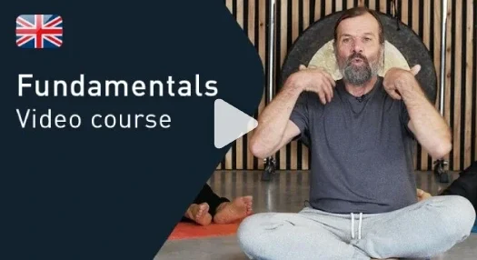 Wim Hof Method Fundamentals Video Course promotional banner with Wim Hof seated in meditation pose demonstrating breathing technique.