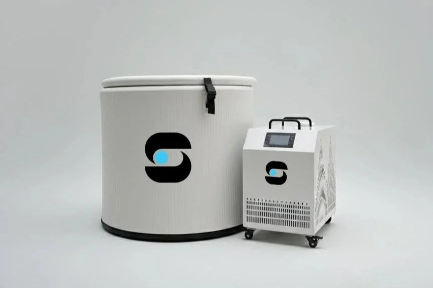 1.0 HP Ice Bath Chiller unit with digital display and white reinforced dropstitch tub for cold plunge and hot soaking.