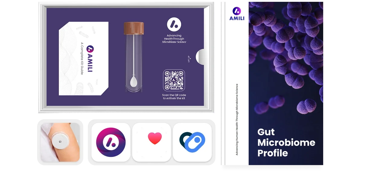 AMILI Optimise Plus kit showing the gut microbiome test tube and guide, a continuous glucose monitor, app icons, and a Gut Microbiome Profile report.