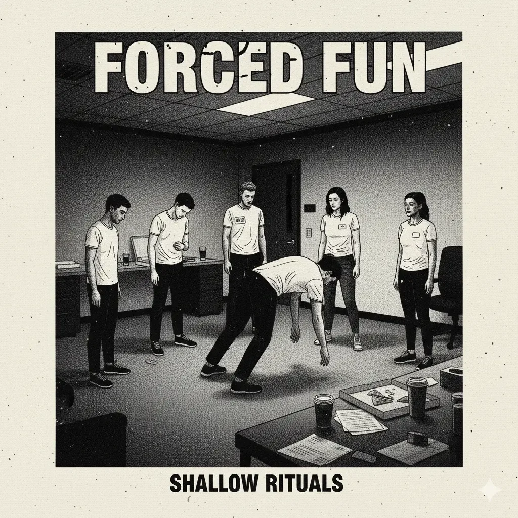 Employees in a sterile circle doing a trust fall. Flat, desaturated 2D illustration, corporate-soulnessness, awkward atmosphere