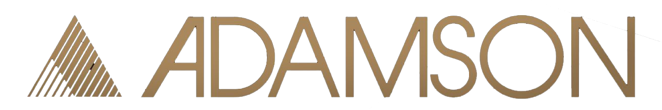 Graphic logo with stylized triangle and the text 'ADAMSON' in gold-colored letters.