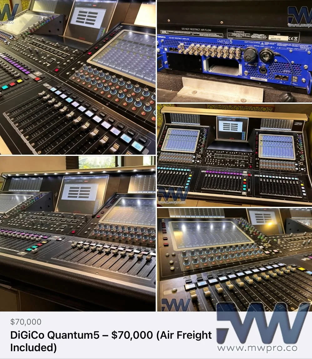 DiGiCo Quantum5 &ndash; $70,000 (Air Freight Included) - Link in Bio

Package Includes:
* 2018 DiGiCo SD5 control surface
* Nearly new DiGiCo Quantum 5 Engine
* DiGiCo HMA Optics (long-distance fibre connectivity)
* DiGiCo Waves SoundGrid Card
* Flig