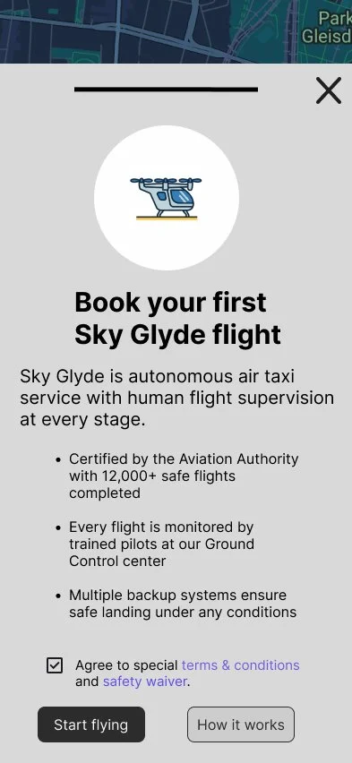 Insight: Lead with human oversight messaging throughout onboarding, emphasizing "trained flight operators monitor every journey" and "emergency protocols connect directly to human responders" rather than automated safety systems.