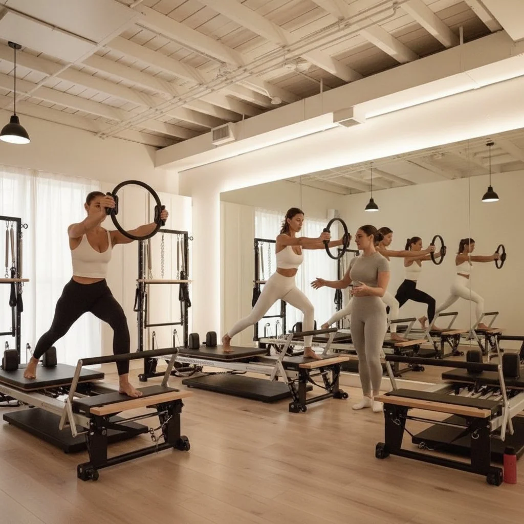 Group of women posing and dancing in a dance studio with purple neon lights on the ceiling.