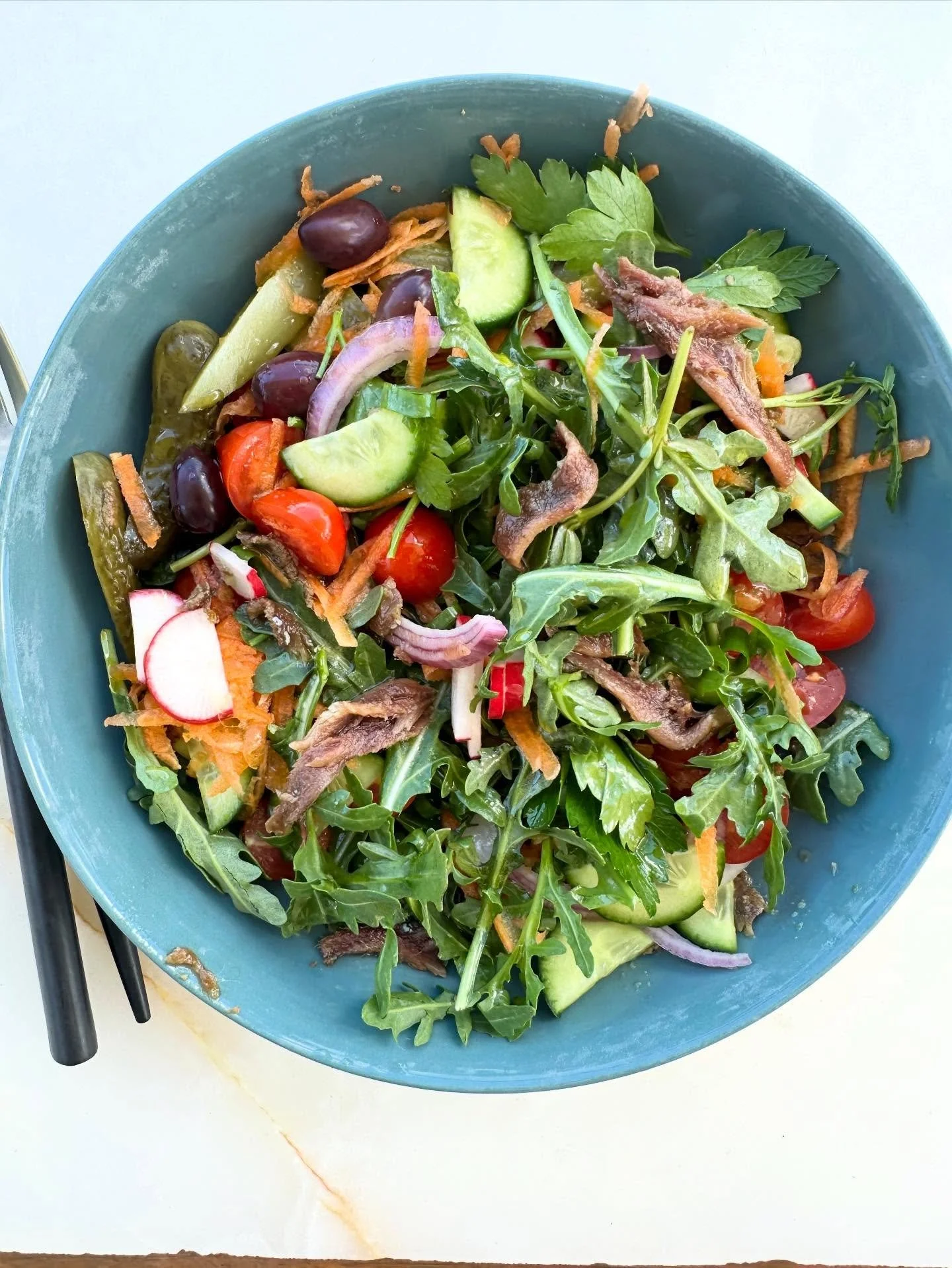 And lunch can be as simple as salad + protein (in this case anchovies).