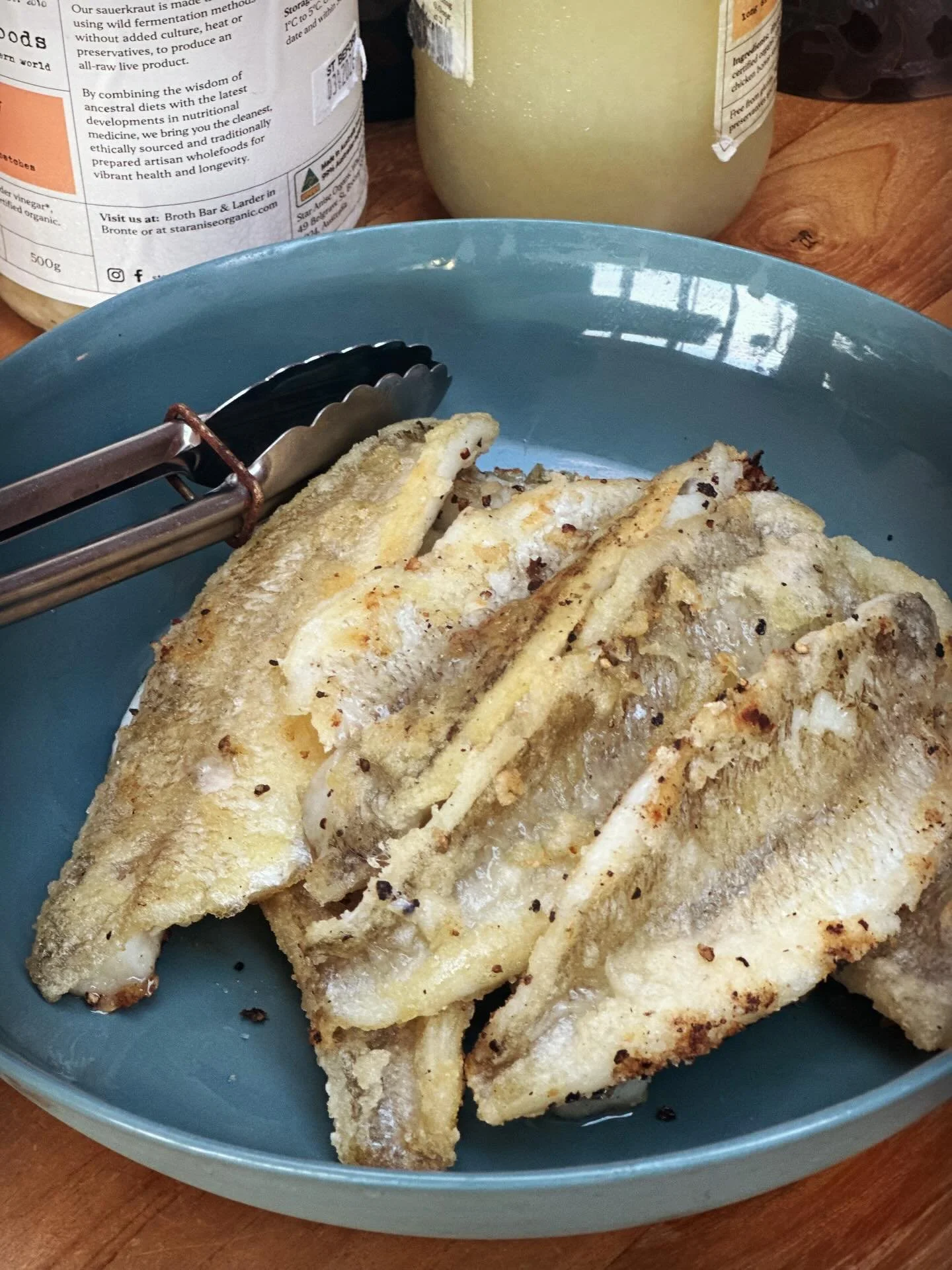 Whiting coated in tapioca flour and shallow fried in olive oil. Shallow fry skin side down for 70% of the time then flip to fry the other side briefly. Crispy on the outside, this is my favourite way of eating whiting.

Drop me a 🎣 if you want to gi