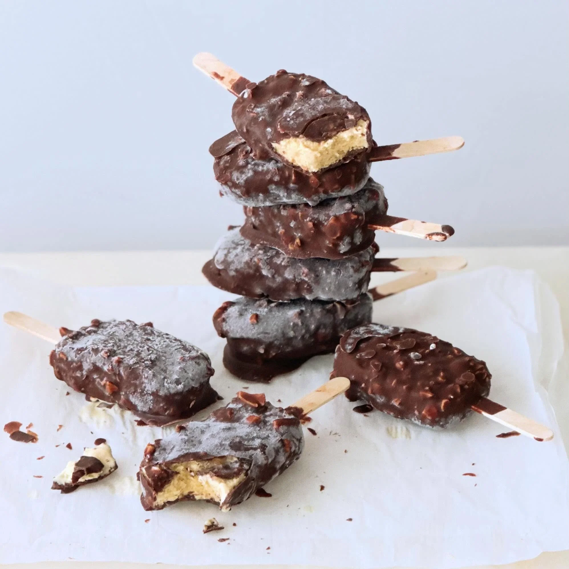 My version of a healthy magnum. Maximum taste without the crap. 

Vanilla ice cream coated in Star Anise Organic Wholefoods crushed activated almonds dipped in my signature sokolata (raw dark chocolate). 

So much fun creating, recipe testing, and sh