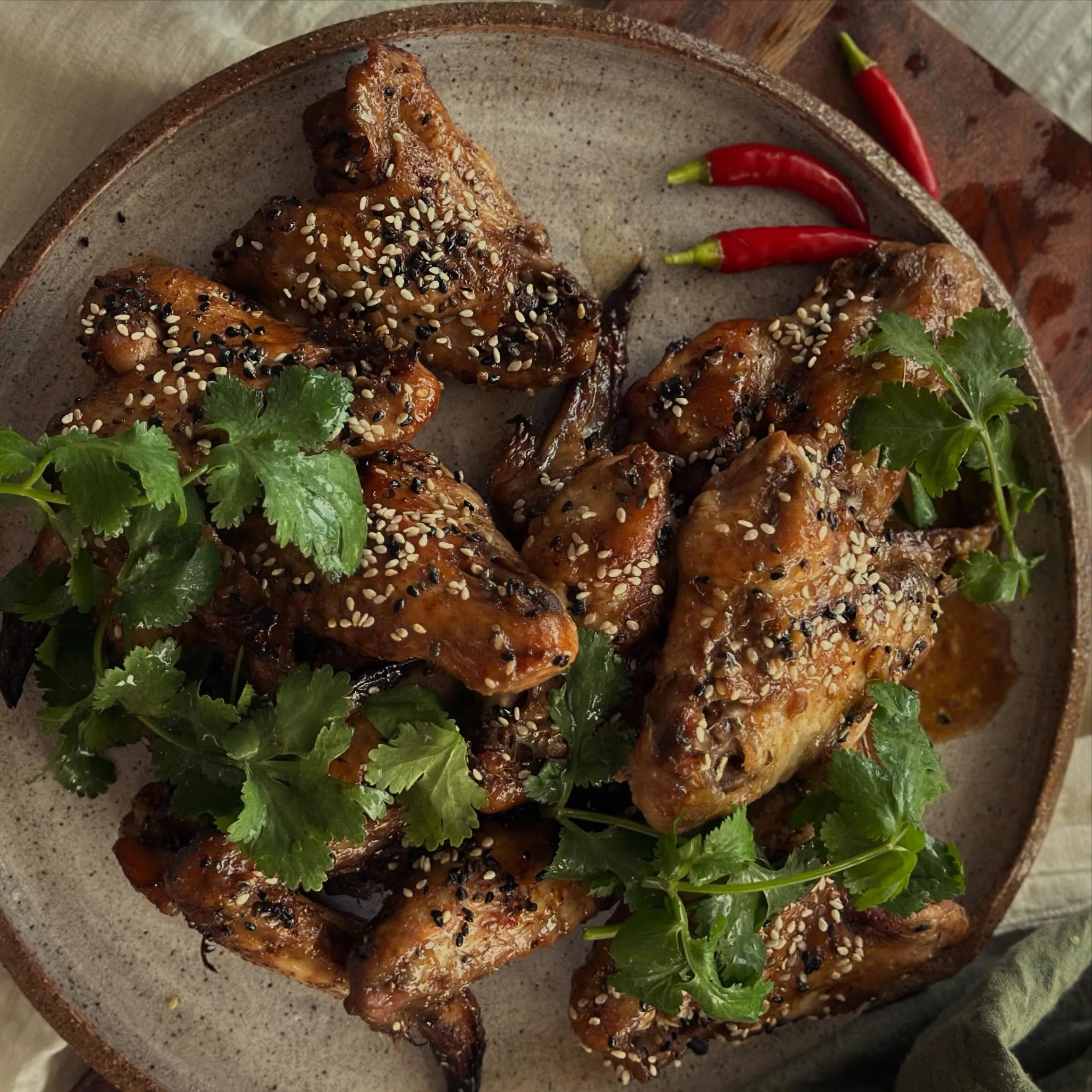 Sticky Asian chicken wings &hellip;. Have lots of paper towels handy for these. 

Marinade made with tamari, ginger, garlic, maple syrup, lemon juice and olive oil.