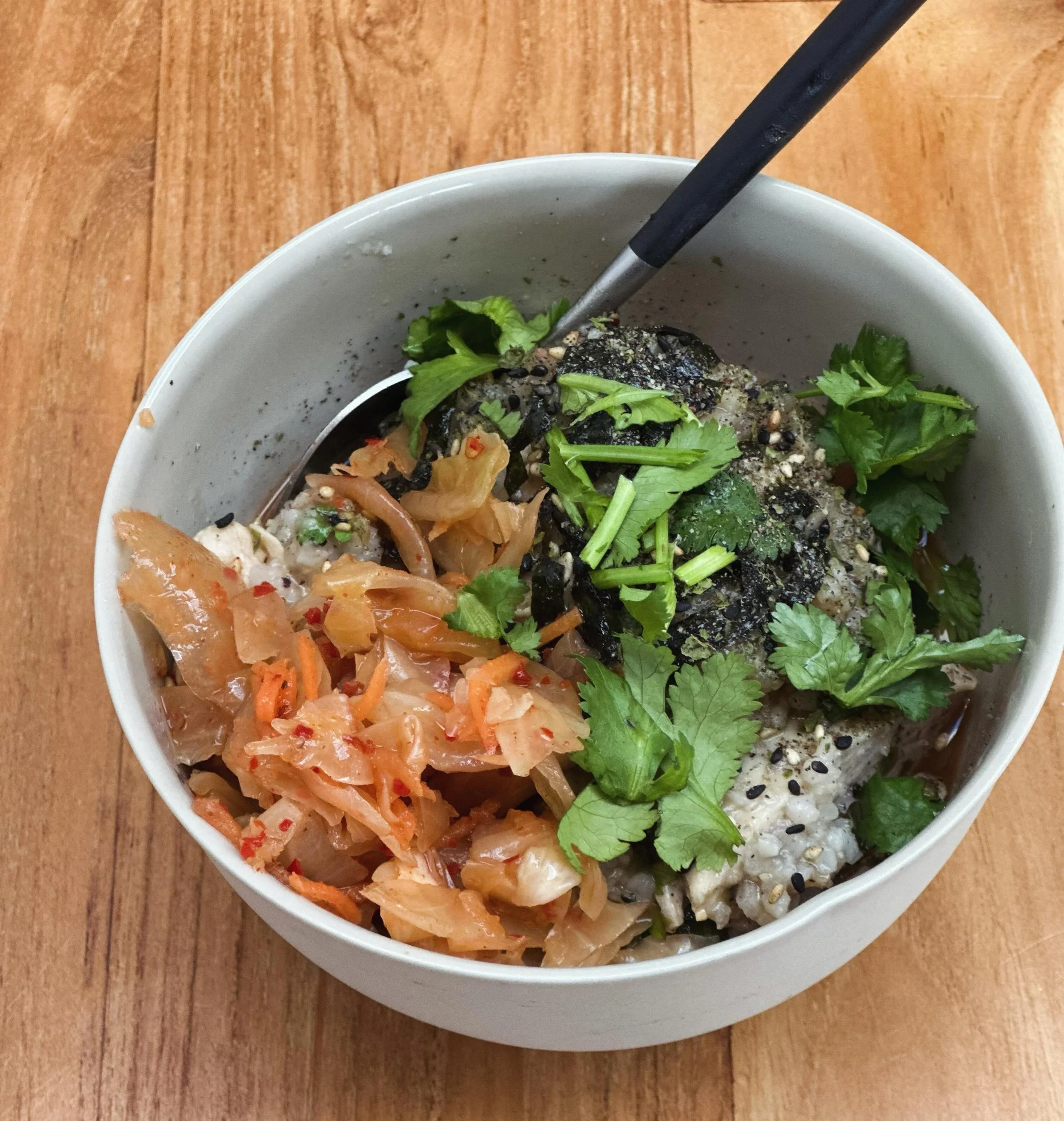 Here&rsquo;s my Asian left-over poke bowl formula: 

1. Heat up any left over rice and sliced chicken in a saucepan with a little Star Anise Organic Wholefoods chicken bone broth

2. Flavour bomb with a splash of tamari, some Japanese spicy seasoning