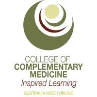 College of Complementary Medicine logo with green and red swirl design and text about inspired learning, Australia wide, online.
