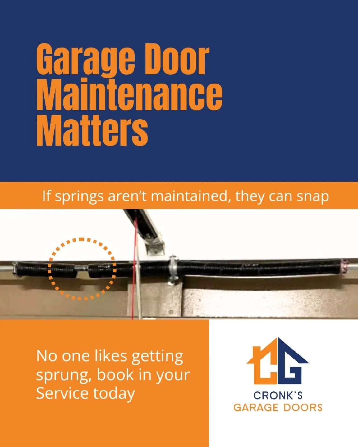 A snapped garage door spring can leave your door stuck and can be unsafe.

But most of the time, there are warning signs:

&ndash; Door feels heavy

&ndash; Jerky or uneven movement

&ndash; Loud creaking or banging

&ndash; Slow to open or close

No