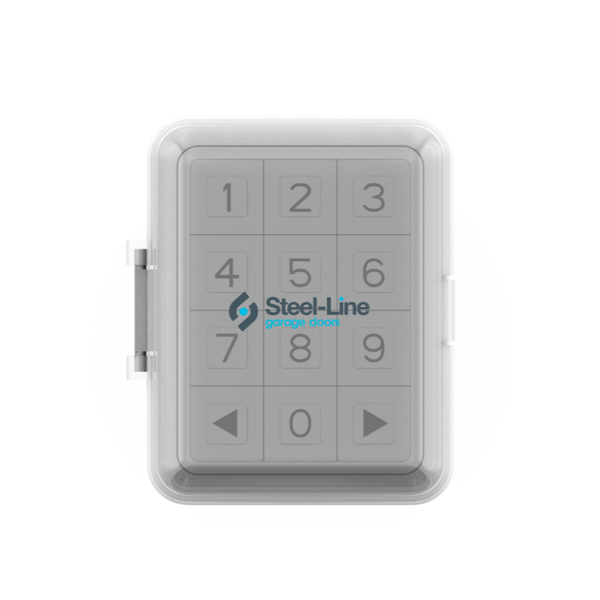 A gray keypad lock with numbered buttons 0-9, left and right arrow buttons, and the logo of Steel Line Garage Doors in the center.