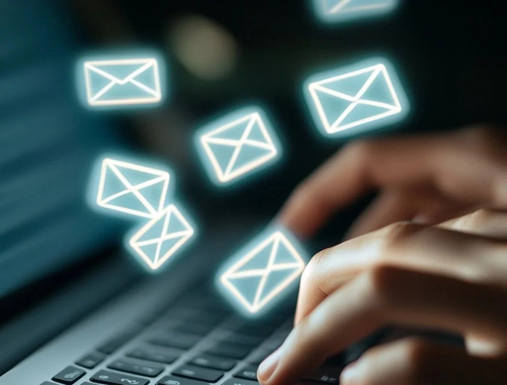 Hand typing on a keyboard with floating email icons above.