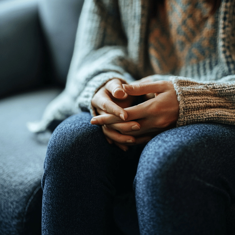 Person sitting with hands clasped, wearing a knitted sweater and jeans, on a gray couch.