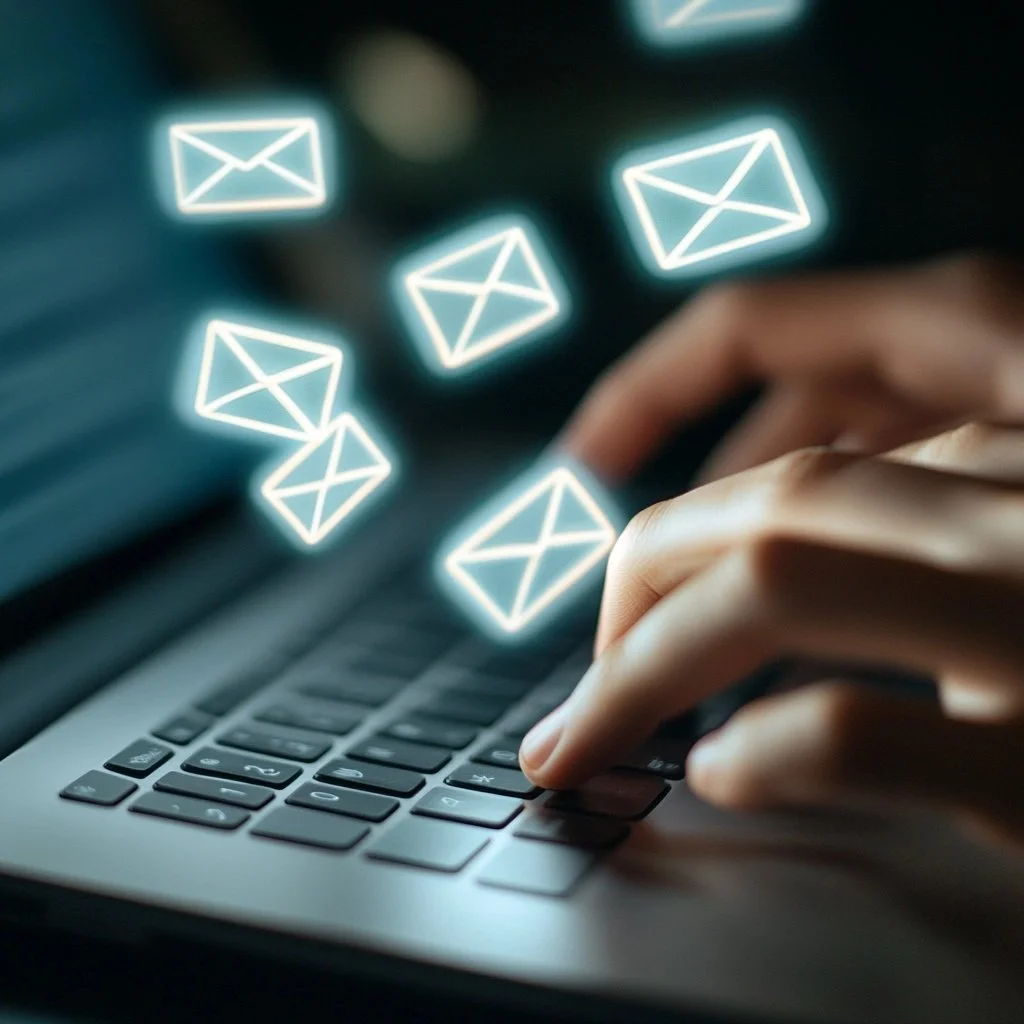 Close-up of a person's hand typing on a laptop keyboard with floating email icons in the background.