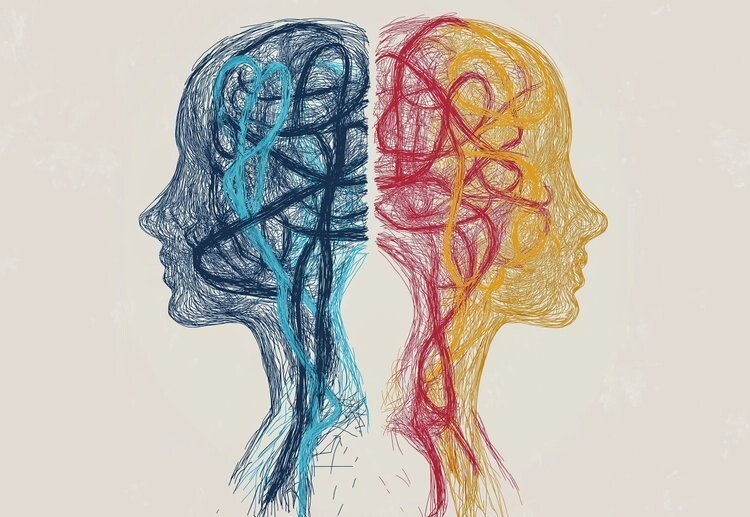 Abstract illustration of two human profiles in blue and red, with intertwined lines representing brain and neural pathways.