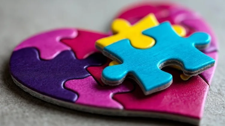 Colorful heart-shaped puzzle with a blue puzzle piece on top