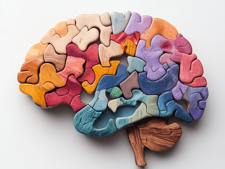 Colorful wooden puzzle brain on a white background.