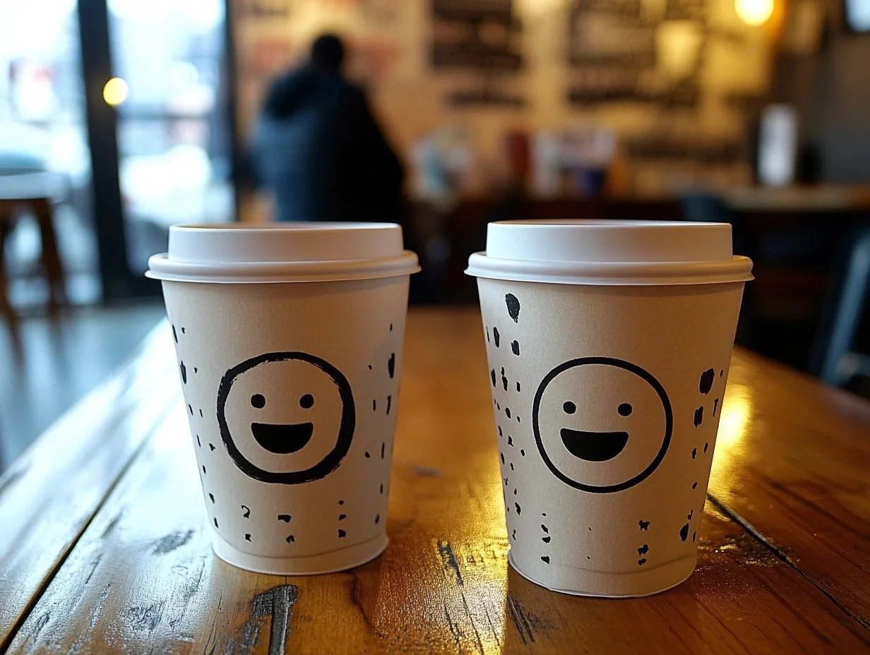 Two coffee cups with smiley face designs on a wooden table