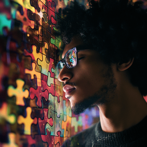 Young man with glasses and curly hair resting his head against a colorful puzzle wall.