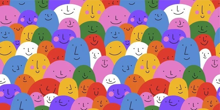 Colorful cartoon faces with various expressions, sizes, and colors, densely packed together.
