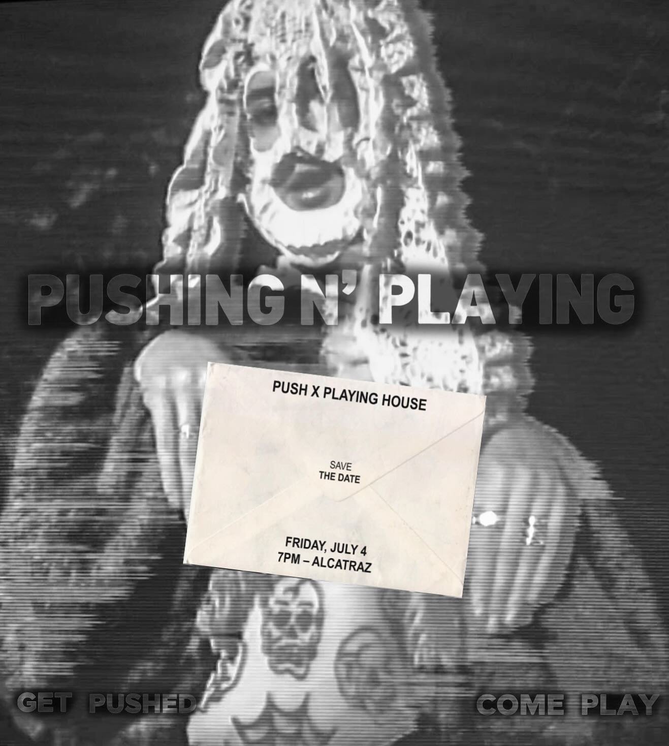 JULY 4 save the date. Get pushed. Come play. 

@pushmagsydney and @playinghouse.playinghouse are buddying up for a night of music, art, and performance that pushes &amp; plays. 🔗 in bio. 

Poster design: @feral_sheryl_ X @sewshit 
Envelope design: @