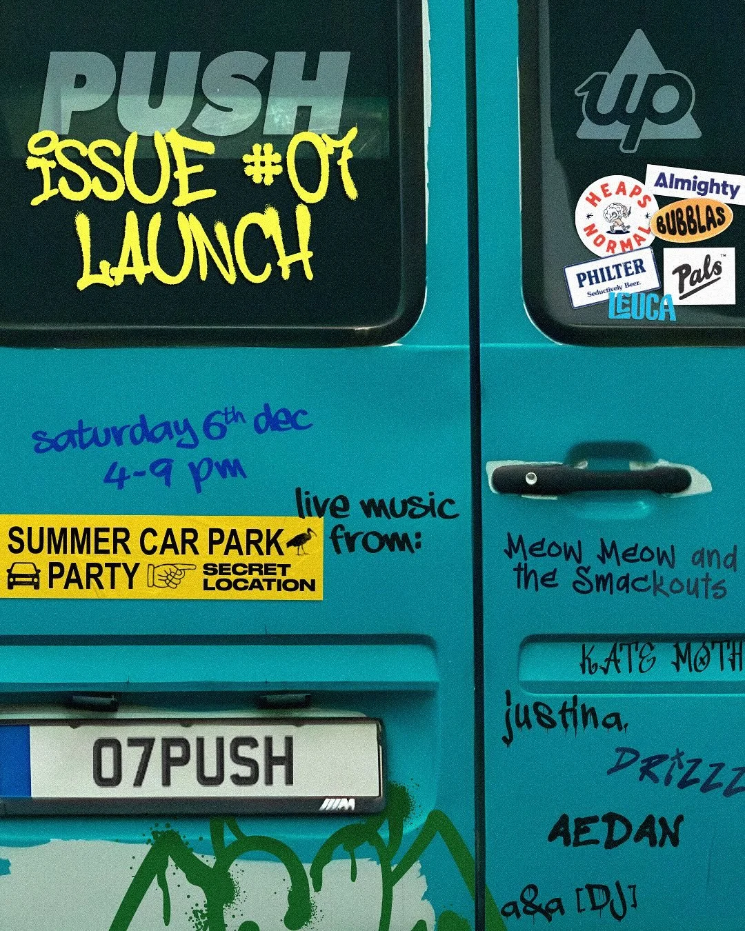 A summer car park party to celebrate the next issue of PUSH Magazine. Mags, bands,&nbsp;DJs, markets &amp; free drinks. lfg.

Live music from:
@meowmeowandthesmackouts (punk)
@_katemoth (indie)
@justinafullstop (RnB/soul/hip-hop)
@drizzzfr (hip-hop)
