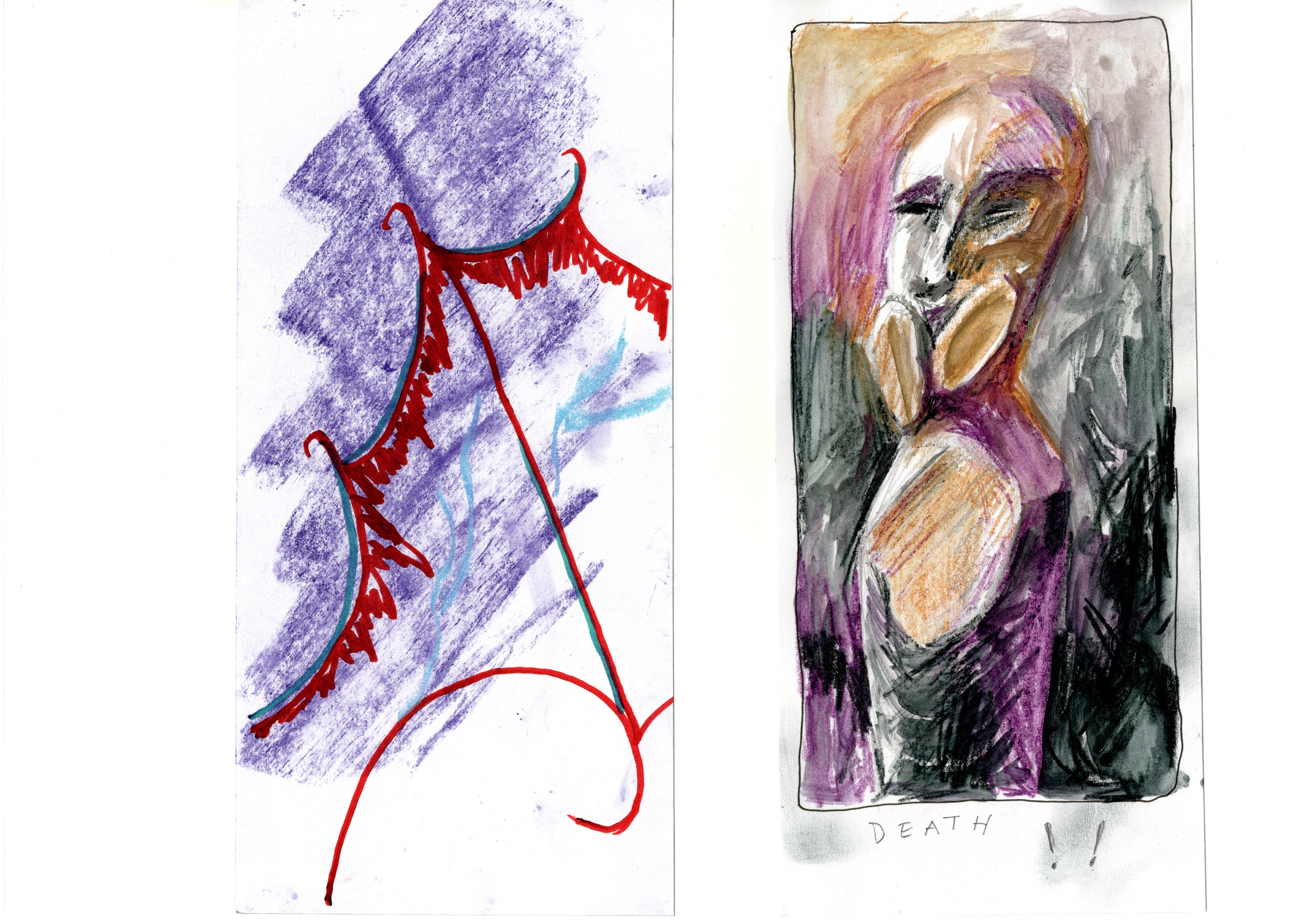 Two drawn interpretation's of the Death tarot card using red, purple and black colour scheme.