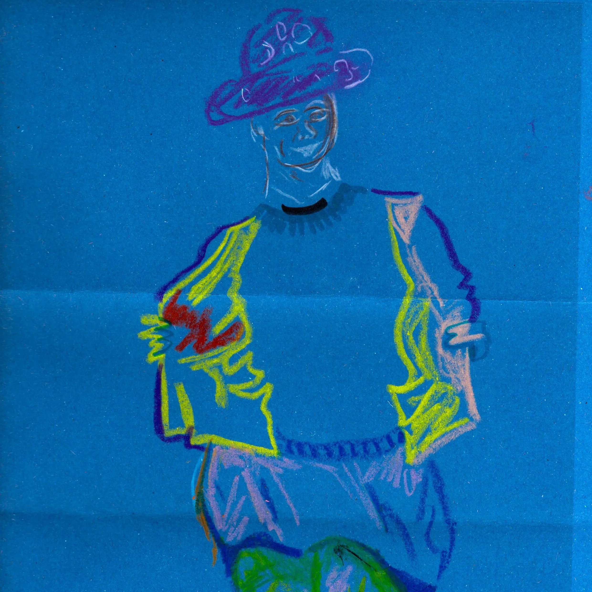Vibrant oil pastel drawing on blue paper. Fashion life model with a big grin, stood holding jacket open.