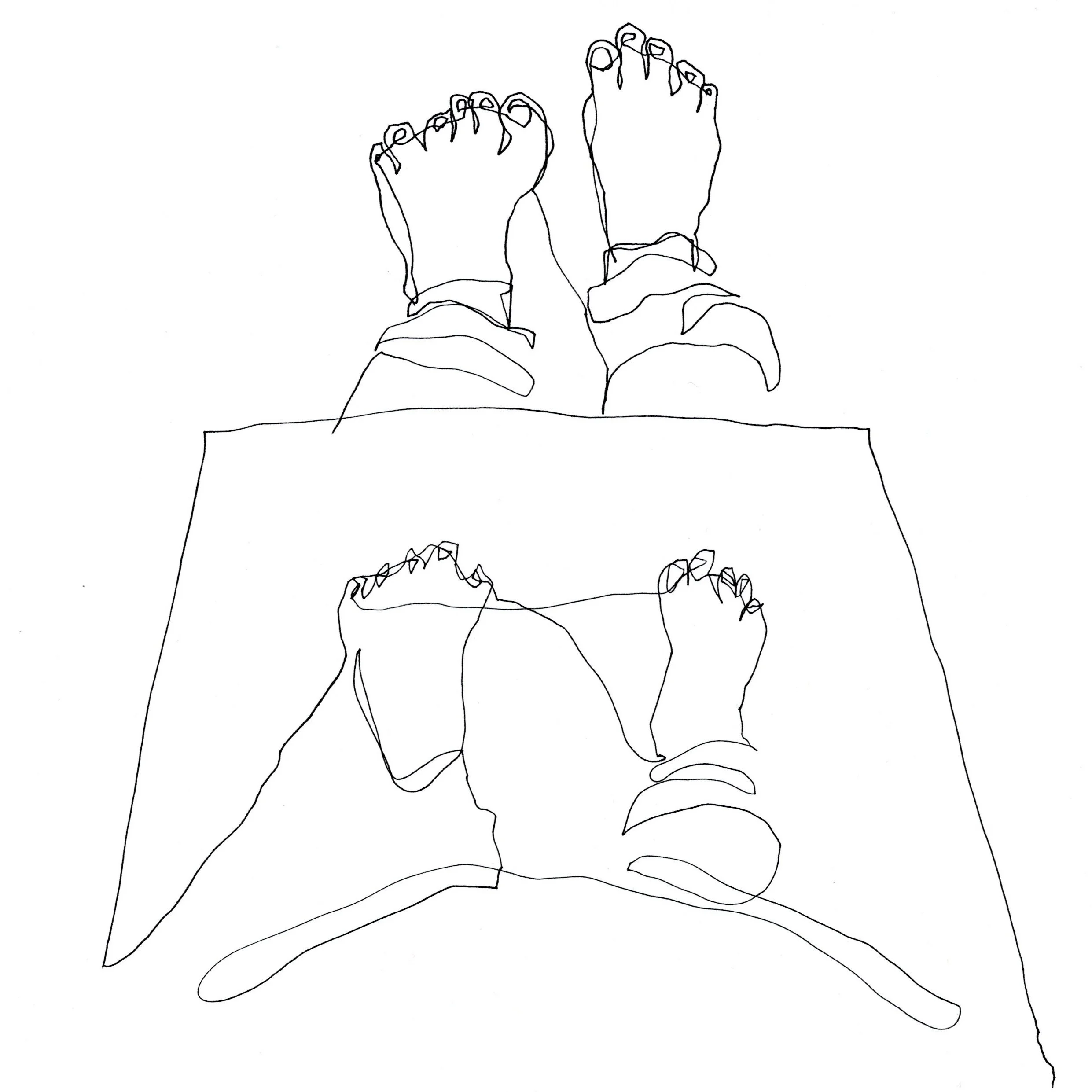 Continuous line drawing of feet from the drawers point of view.