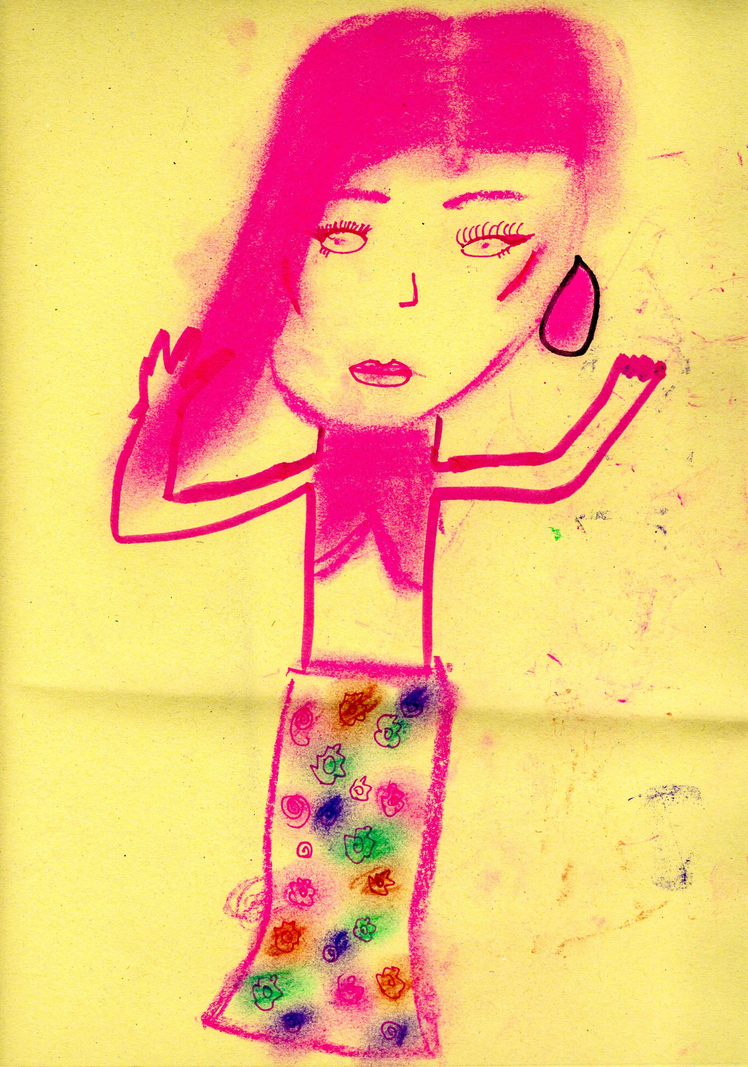 Drawing of fashion model in pink pen, bright pastels, on pale yellow paper.