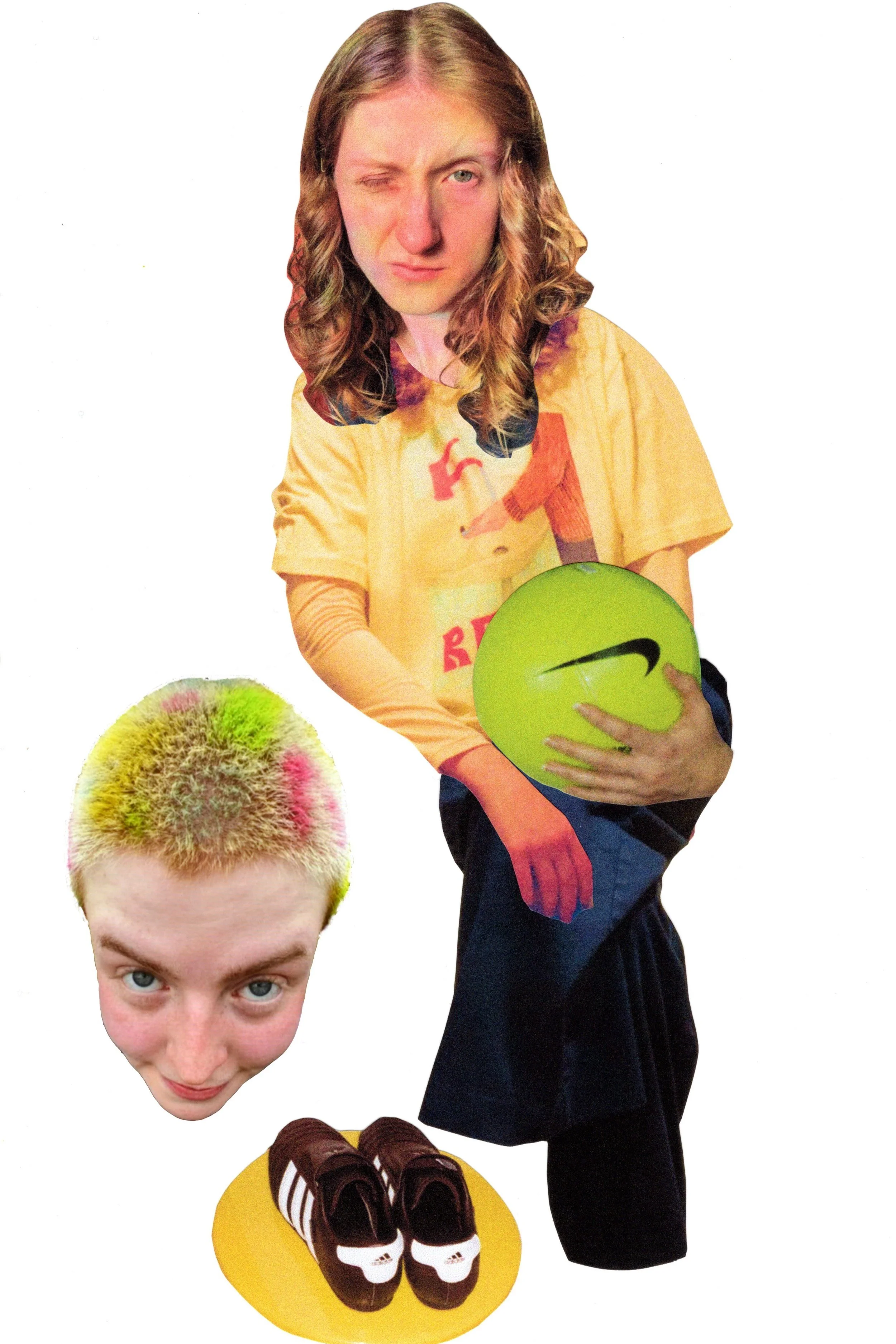 Collage of Drawing Club founders. Lydia's head - yellow, green and pink sprayed hair. Bethan winking, holding a football, legs crossed in a seated position, with a pair of shoes facing the other way.