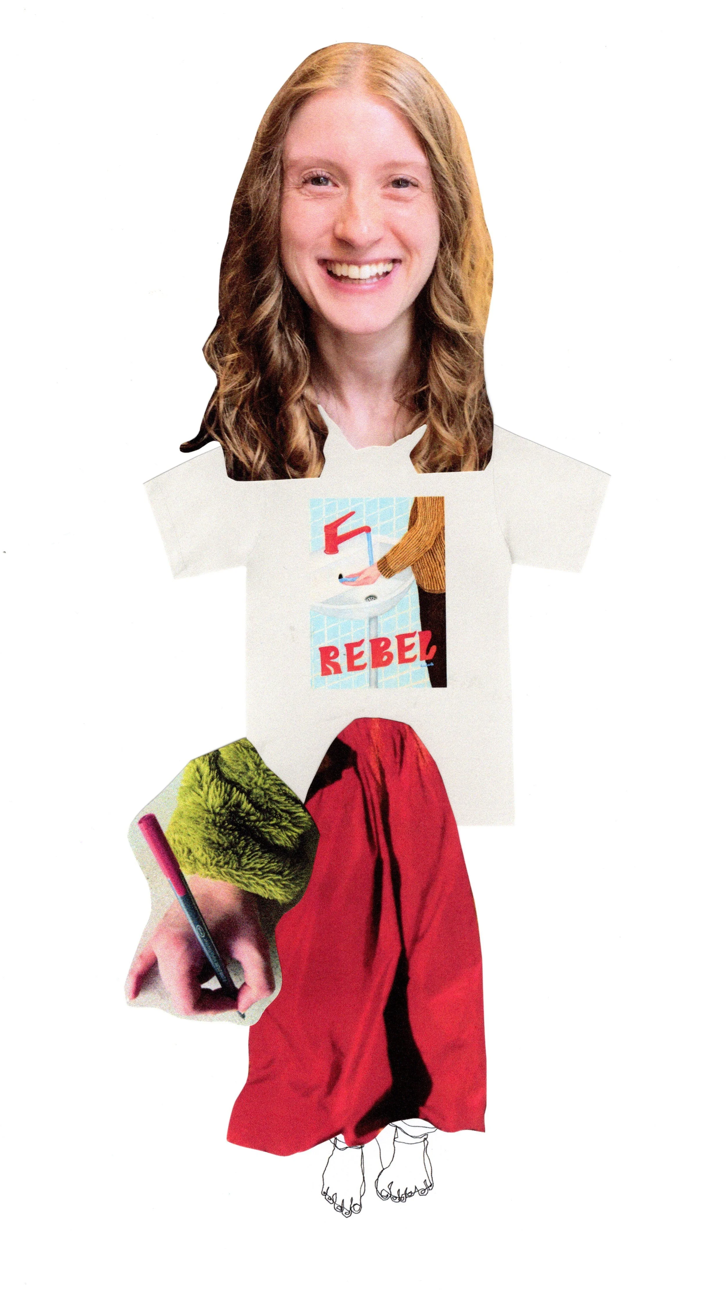 Collage of drawing club host Bethan. Smiling face stuck above a t-shirt that reads 'rebel', a red pair of trousers, pen drawing of feet and a hand holding a pen.